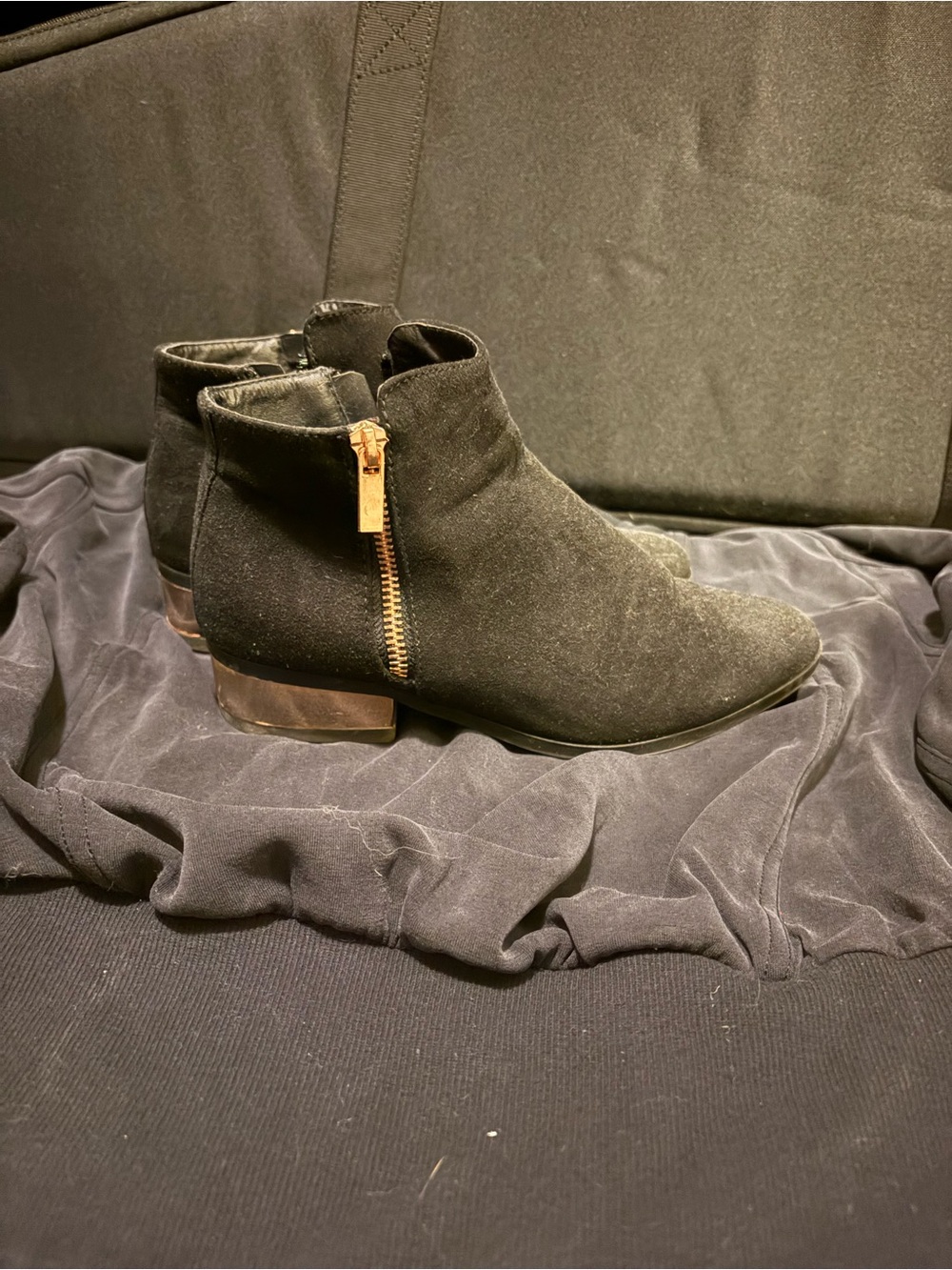 Charlotte Russe Women’s Black Suede Ankle Boots with Gold Zip and Heel